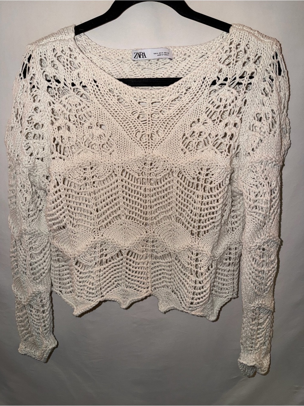 Zara Cream Openwork Off-Shoulder Crochet Sweater